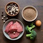 An assortment of clean protein foods including raw beef, black and white beans, grains, broccoli, and a brown egg on a wooden table.