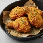 Crown Fried Chicken style crispy drumsticks served in a black skillet with fresh herbs
