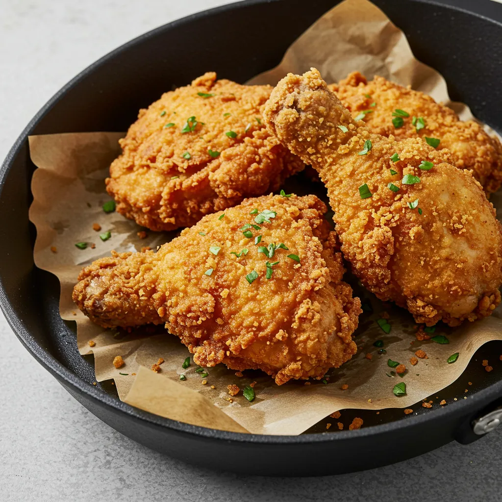Crown Fried Chicken style crispy drumsticks served in a black skillet with fresh herbs