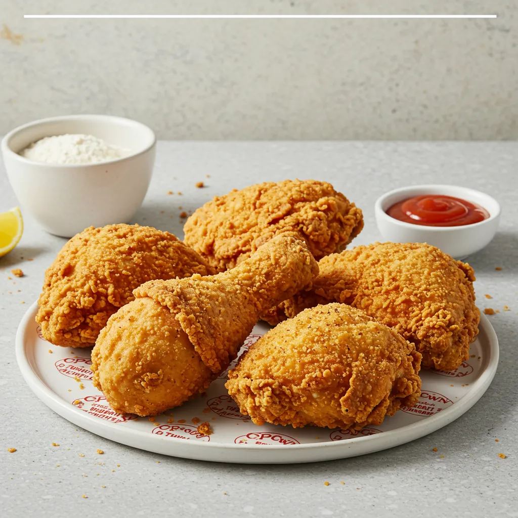 Plate of Crown Fried Chicken with crispy golden pieces and dipping sauce
