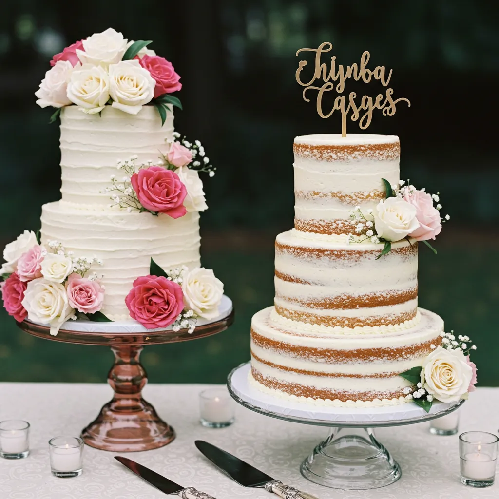 Two beautifully decorated wedding cakes with roses and buttercream frosting on glass stands