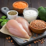 Raw chicken breasts, lentils, yogurt, and broccoli as natural lean protein sources