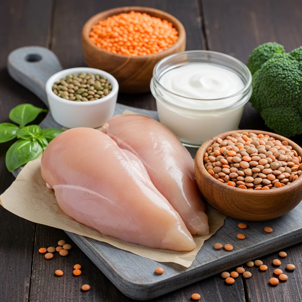 Raw chicken breasts, lentils, yogurt, and broccoli as natural lean protein sources