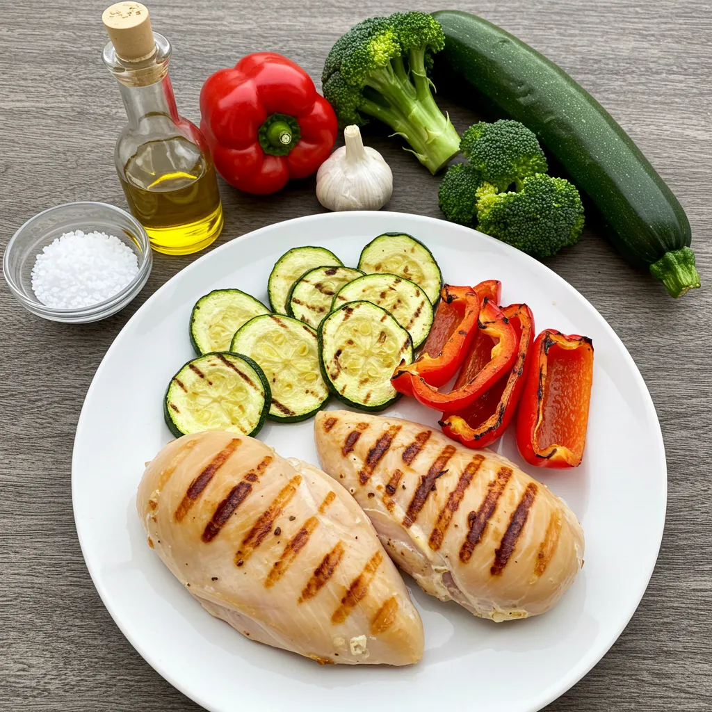 Grilled chicken breasts with zucchini, red peppers, broccoli, garlic, olive oil, and salt for a lean protein meal