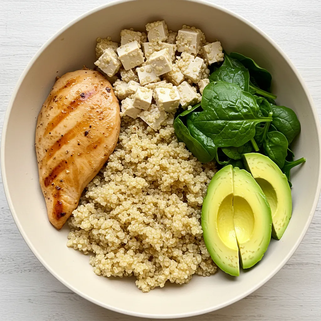 A balanced bowl featuring lean protein sources: grilled chicken breast, quinoa, tofu cubes, fresh spinach, and sliced avocado.
