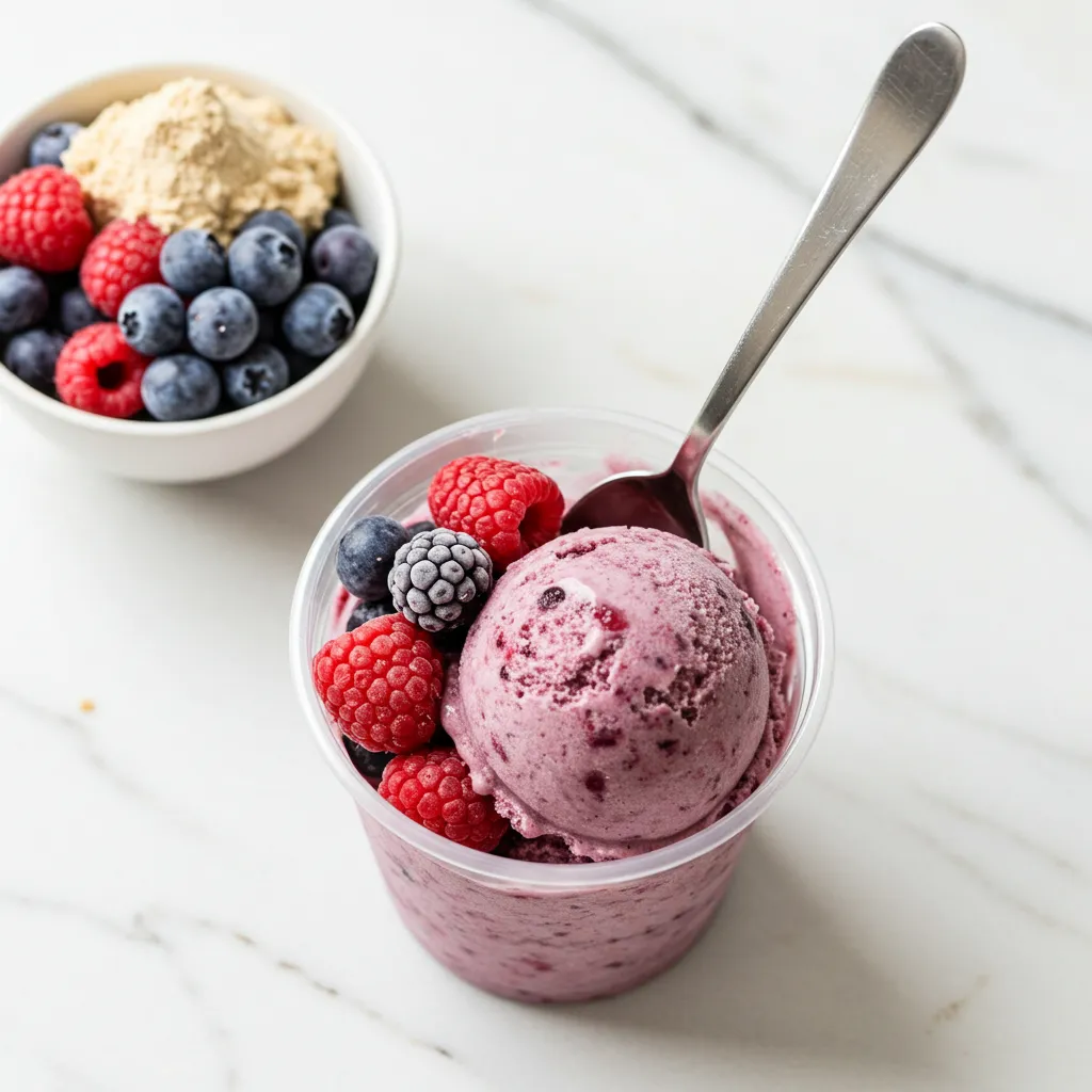 Ninja Creami mixed berry protein ice cream topped with fresh raspberries and blueberries