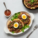 Open-faced carnivore diet sandwich with ground beef and soft-boiled egg on bread