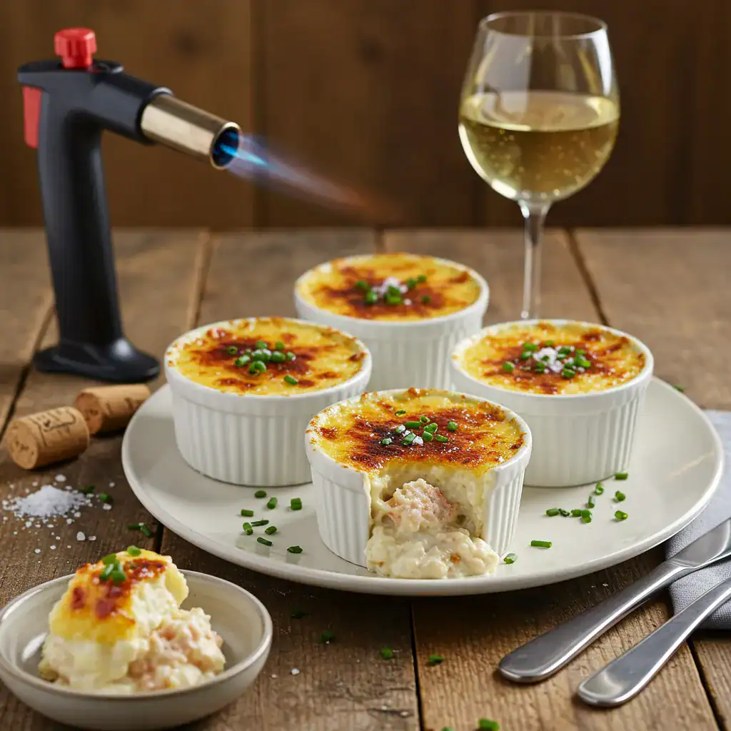 Individual ramekins of crab brûlée, topped with caramelized cheese and garnished with fresh chives, served on a white plate with a glass of white wine.