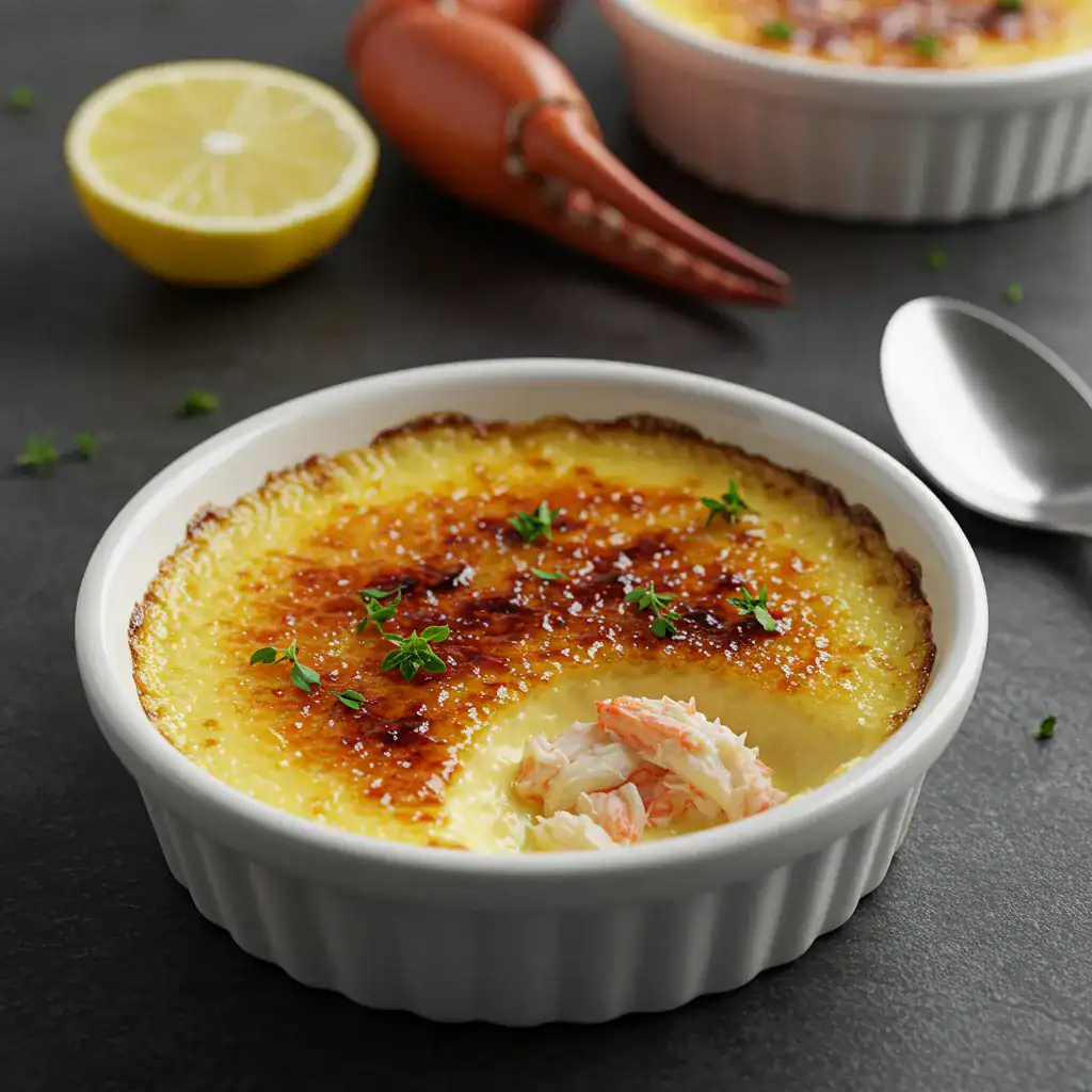 Close-up of a crab brûlée served in a white ramekin, topped with caramelized golden crust, fresh herbs, and crab meat, with a spoon and lemon in the background.