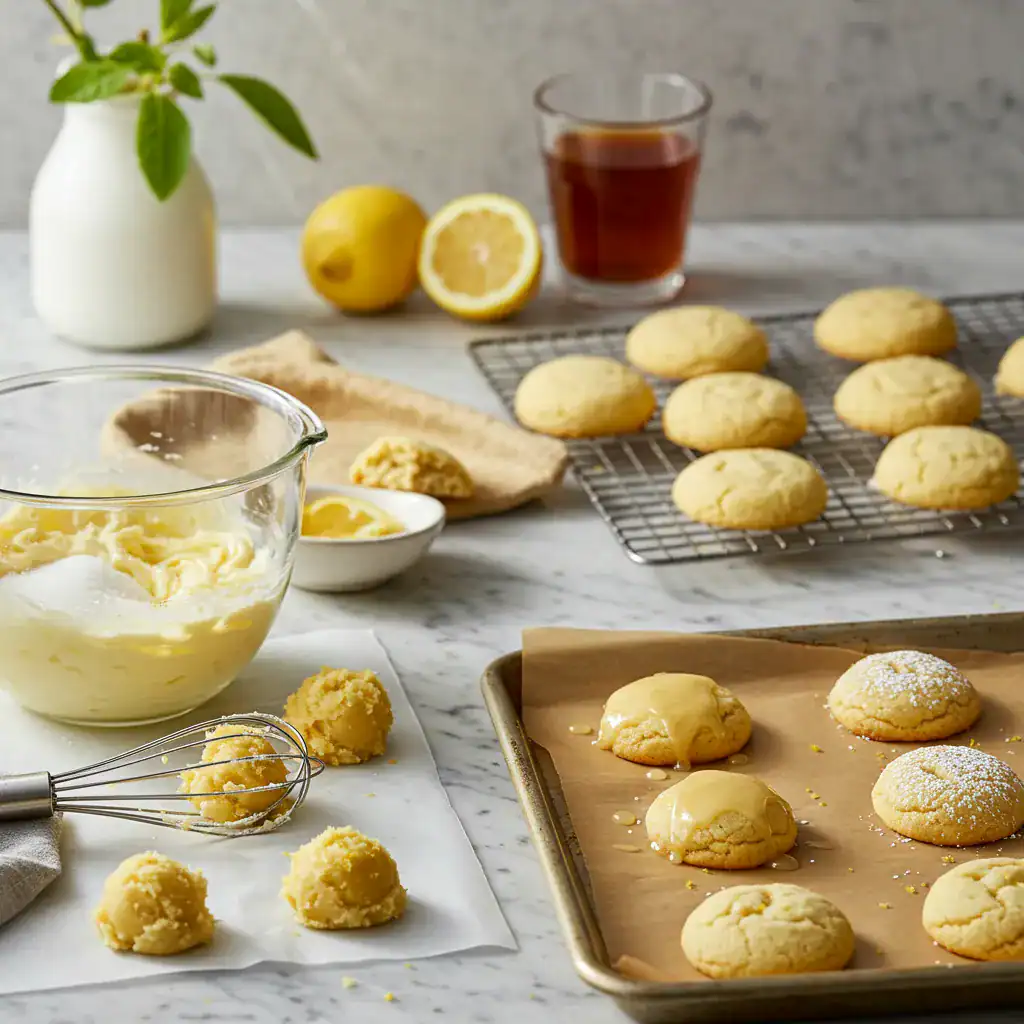 Homemade lemon cookies cooling on a rack and baking sheet with ingredients nearby