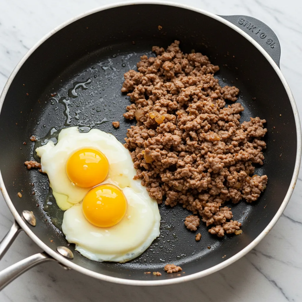 Cooking a simple and nutritious carnivore diet recipe with ground beef and eggs in a skillet.