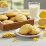Freshly baked lemon cookies topped with lemon zest on a white plate, with a wooden tray of cookies, a glass of milk, and lemons in the background.