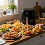 A modern air fryer on a kitchen counter surrounded by plates of golden fries, fried chicken, churros, colorful vegetables, and donuts.