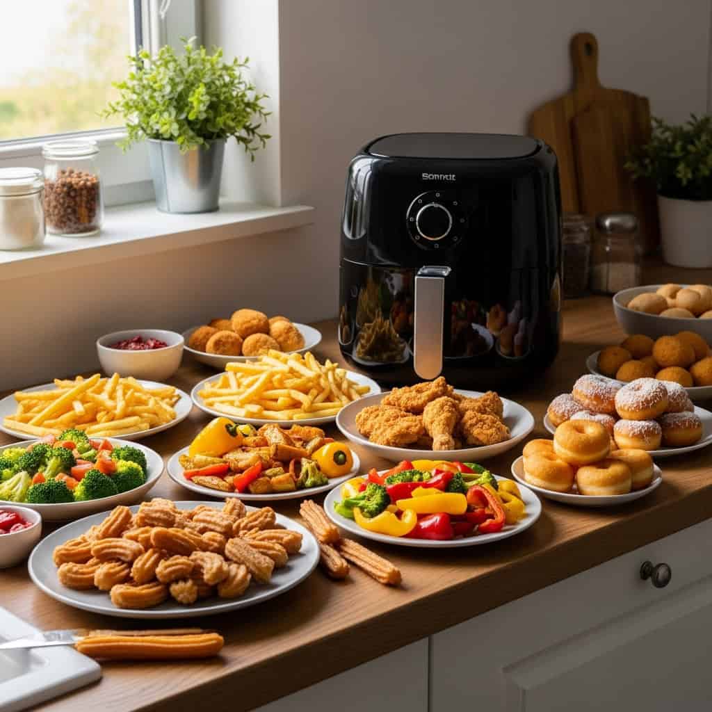 A modern air fryer on a kitchen counter surrounded by plates of golden fries, fried chicken, churros, colorful vegetables, and donuts.