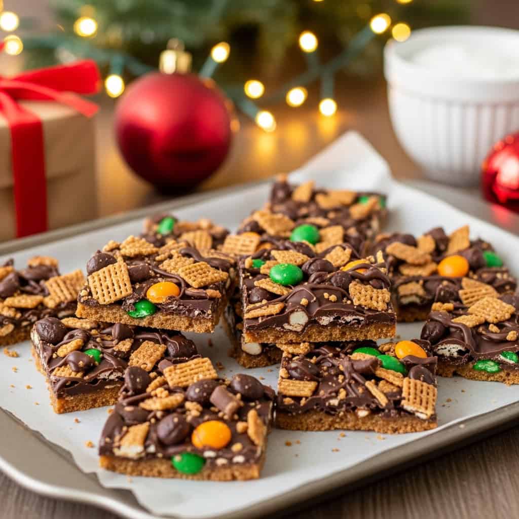 Festive Christmas Crack Recipe topped with chocolate, M&Ms, and crunchy cereal squares