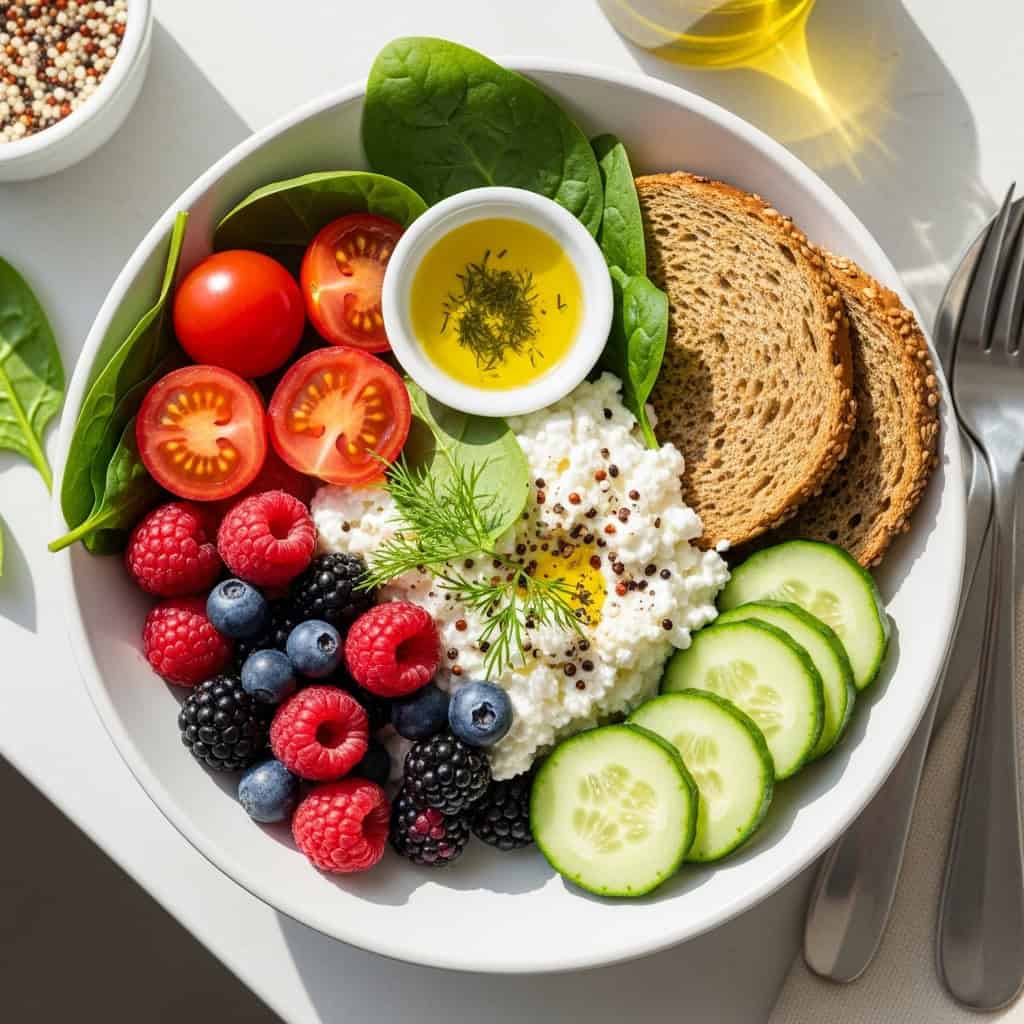 Bowl of cottage cheese with berries, tomatoes, cucumbers, spinach, whole-grain toast, and olive oil
