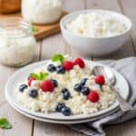 Cottage cheese breakfast topped with blueberries and raspberries