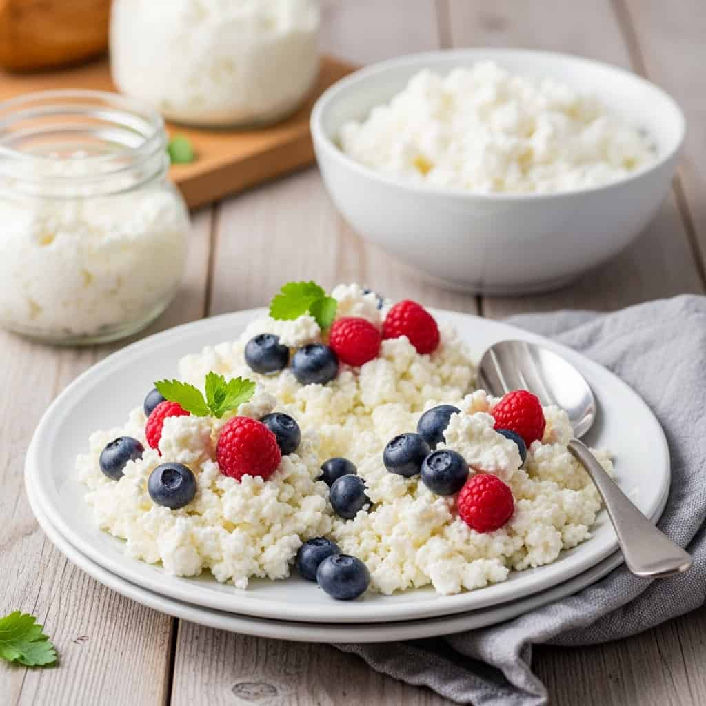 Cottage cheese breakfast topped with blueberries and raspberries