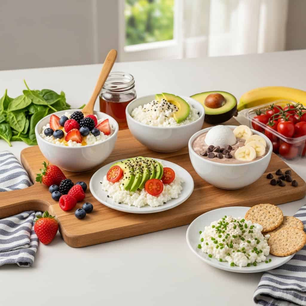 Assorted cottage cheese recipe bowls with fruit, avocado, tomatoes, and crackers displayed on a kitchen board